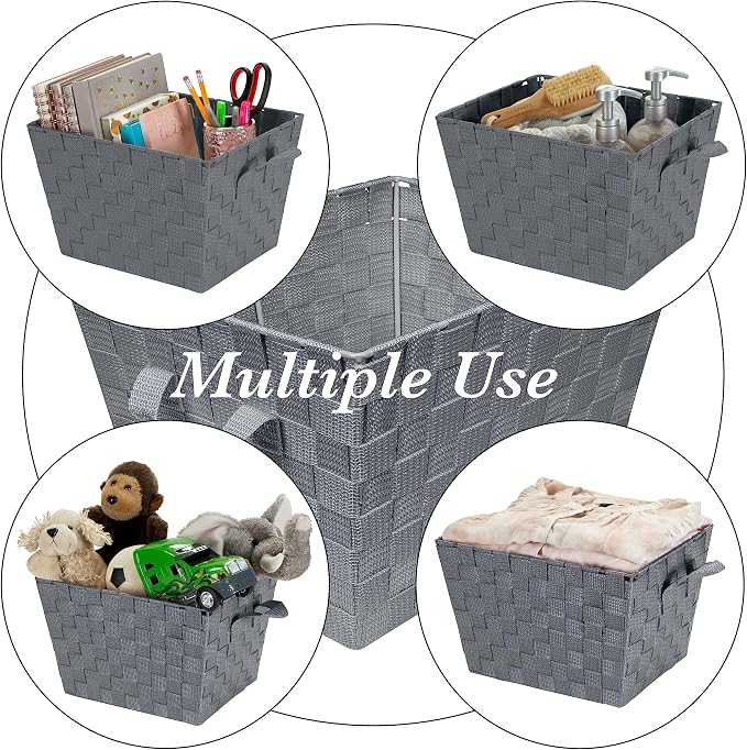 Simplify Medium Woven Strap Tote | Decorative Storage Basket | 2 Handles | Organization | Closet | Bedroom | Bathroom | Nursery | Accessories | Toys | Gifts | 1 Pack | Grey - Image 3