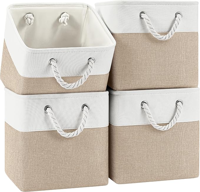 Patvingot 11-Inch Fabric Cube Storage Bins with Handles,4 Pack,Foldable | For cube shelves and closets,keeps grouped for everyday access,reinforced opening and fold-flat storage,white and khaki by Patvingot