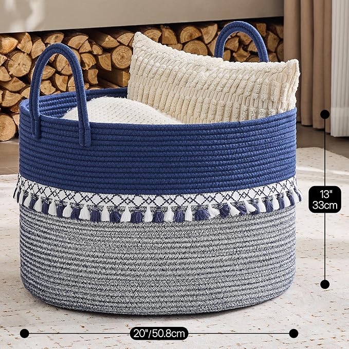 KAKAMAY Large Blanket Basket with Handles, Storage Basket for Living Room | Extra Large Capacity | Natural Cotton Rope | Blanket Storage | Woven Storage Basket | Stuffed Animal Storage | Laundry Basket - Image 3