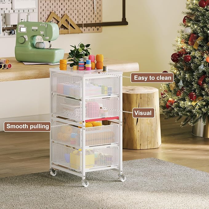 4-Drawer Rolling Storage Cart, Utility Cart with Drawers, White Metal Craft Cart Organizer with Wheels & Wooden Top, Art Supply Storage Organizer for Classroom, Office, Kitchen,Patent Pending - Image 7