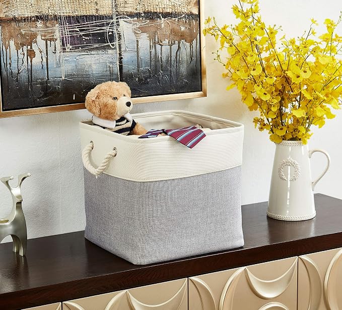 DECOMOMO Cube Storage Bin 13x13 with rope handles, Kallax Storage Cubes | 3 Pack, Fabric Storage Bins for Organizing Clothes, Toys, Books (Grey & White) - Image 2