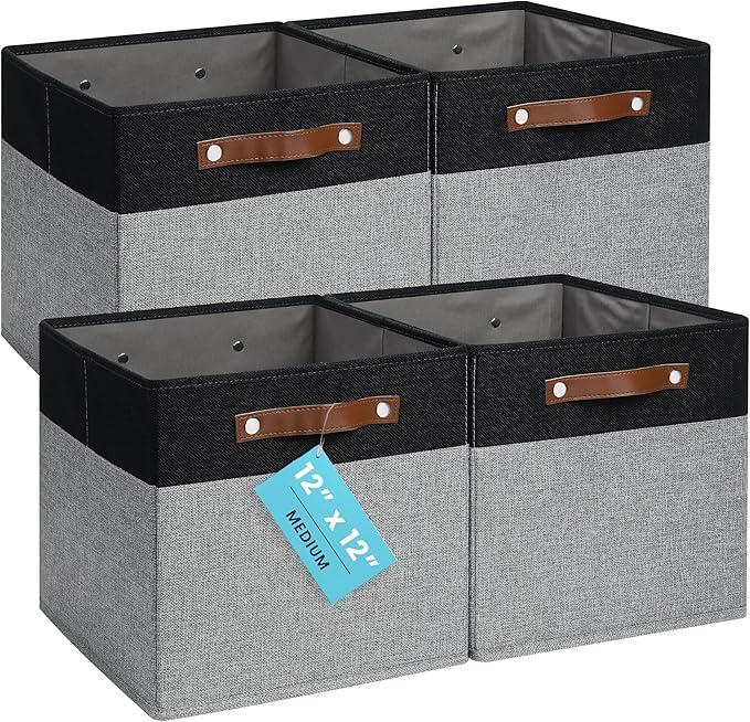 OrganiHaus 12x12 Cube Storage Bins, Set of 4 - Fabric Storage Cubes | Sturdy, holds its shape; odor-free; fits 12-inch cube shelves; vegan leather handles by OrganiHaus