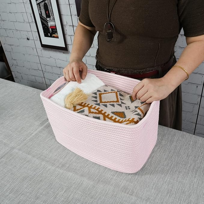 XUANGUO Woven Cotton Rope Storage Baskets 15x10x9.3" 3 Pack Light Pink | Decorative rectangular storage baskets for shelves and closets; storage bins organize clothes, toys, books and nursery items. - Image 3