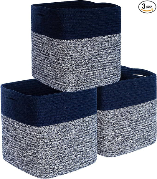3-Pack 11x11in Woven Cube Storage Bin and Shelf Baskets, Cute Decorative Square Organizer for Closet, Classroom, Bathroom, Dog and Cat Toys, and Books, Navy Blue by MINTWOODDesign