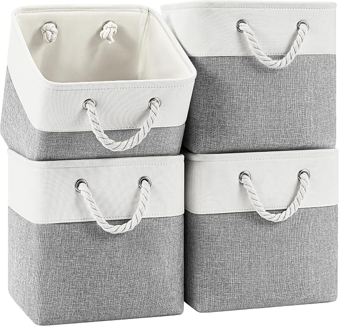 Patvingot 11-Inch Fabric Cube Storage Bins with Handles,4 Pack,Foldable | For cube shelves and closets,keeps grouped for everyday access,reinforced opening and fold-flat storage,white and gray by Patvingot