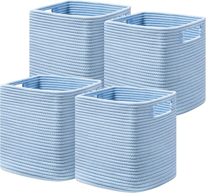 UBBCARE Storage Cubes 11 Inch, Cotton Rope Woven Baskets for Organizing, Cube Storage Bin for Baby Nursery, 4-Pack Square Toy Storage Baskets for Shleves Organizer, Closet, Kidsroom, Blue by UBBCARE