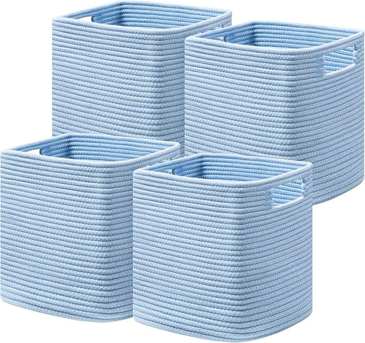 UBBCARE Storage Cubes 11 Inch, Cotton Rope Woven Baskets for Organizing, Cube Storage Bin for Baby Nursery, 4-Pack Square Toy Storage Baskets for Shleves Organizer, Closet, Kidsroom, Blue by UBBCARE