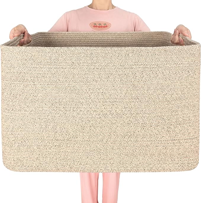 112L Extra Large Blanket Basket Holder Living Room, 25"x17"x16" Rectangle Rope Woven Storage Basket with Handles for Laundry, Towels, Shoes, Dog Toy Organizer Bin Box, Oatmeal Brown by MINTWOODDesign