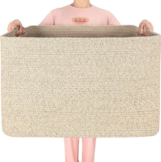 112L Extra Large Blanket Basket Holder Living Room, 25"x17"x16" Rectangle Rope Woven Storage Basket with Handles for Laundry, Towels, Shoes, Dog Toy Organizer Bin Box, Oatmeal Brown by MINTWOODDesign