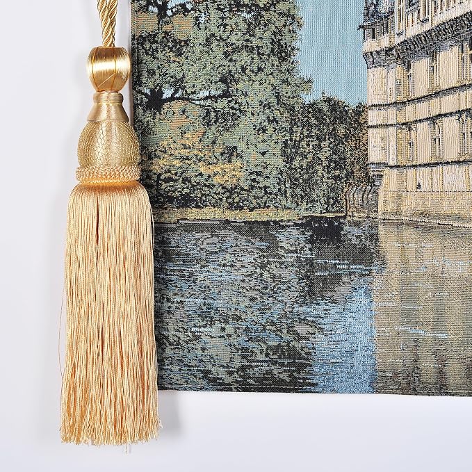 Vintage Nature Tapestry Wall Hanging Set with Telescopic Rod & Tassels - Jacquard Woven Fabric Aesthetic Country Landscape Wall Tapestry for Bedroom/Living Room Decor Green Art (42"x27") (Soft - toned, historic castle by the water) - Image 7