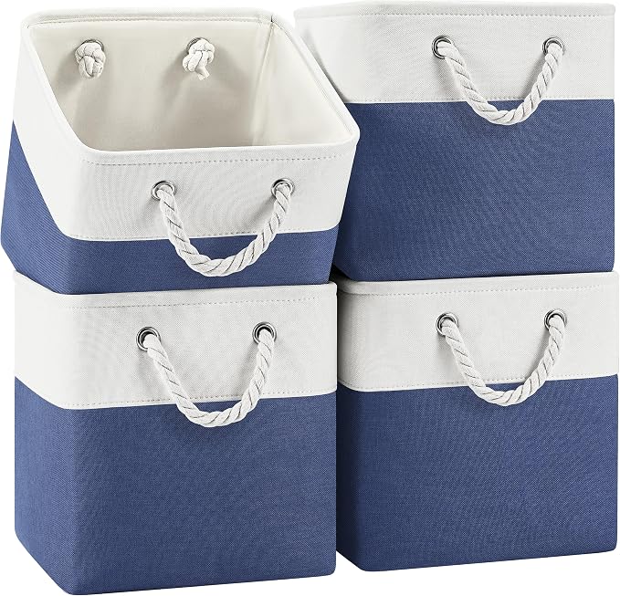 Patvingot 11-Inch Fabric Cube Storage Bins with Handles,4 Pack,Foldable | For cube shelves and closets,keeps grouped for everyday access,reinforced opening and fold-flat storage,white and blue by Patvingot