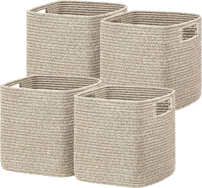 UBBCARE Set of 4 Storage Basket-12 X 12 X 12 in, Cotton Rope Basket for Shelves, Toys, Book, Cube Storage Bins with Handles, Woven Storage Baskets for Organizing, Mix-Brown by UBBCARE