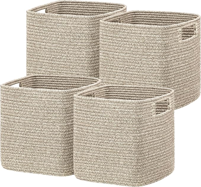UBBCARE Storage Cubes 11 Inch, Cotton Rope Woven Baskets for Organizing, Cube Storage Bin for Baby Nursery, 4-Pack Square Storage Baskets for Shleves Organizer, Closet, Kidsroom, All Browm by UBBCARE