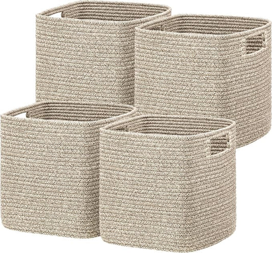 UBBCARE Storage Cubes 11 Inch, Cotton Rope Woven Baskets for Organizing, Cube Storage Bin for Baby Nursery, 4-Pack Square Storage Baskets for Shleves Organizer, Closet, Kidsroom, All Browm by UBBCARE