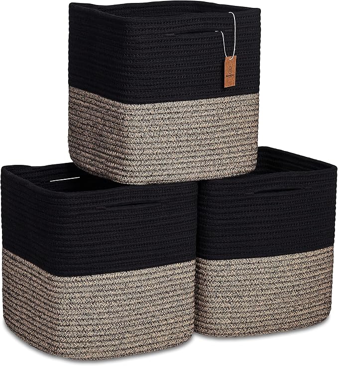 NaturalCozy Storage Cubes 11 Inch Cotton Rope Woven Baskets for Organizing, 3-Pack | Cube Storage Bin | Square Storage Baskets for Shelves Organizer, Classroom, Kids Toy Bins, Closet, Baby Nursery by NaturalCozy