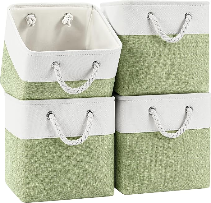 Patvingot 11-Inch Fabric Cube Storage Bins with Handles,4 Pack,Foldable | For cube shelves and closets,keeps grouped for everyday access,reinforced opening and fold-flat storage,white and green by Patvingot