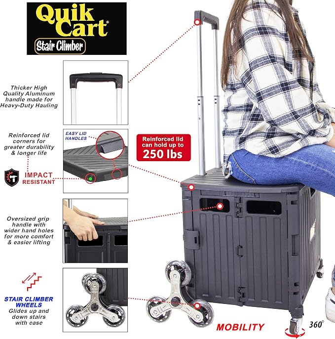 dbest Products Quik Cart Stair Climber Wheeled Rolling Crate Teacher Utility with seat Heavy Duty Collapsible Basket with Handle, 18" D x 17" W x 39" H, Black | with Wheels, Up to 80 lbs Capacity, Heavy Duty, Telescoping Handle, Folding Utility Cart wi... - Image 2