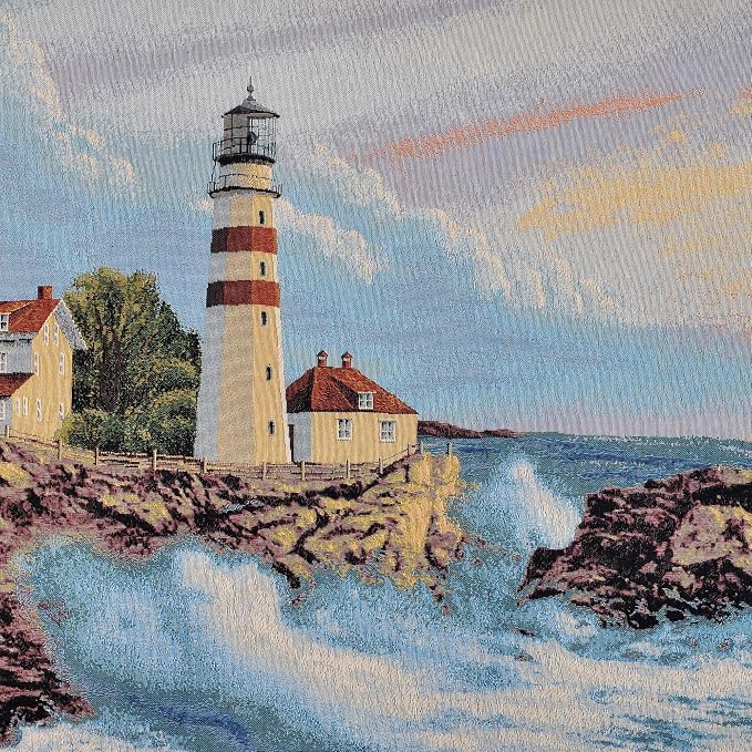 Vintage Lighthouse Woven Wall Tapestry, 41.5x28 Nautical Coastal Jacquard Wall Hanging, Sunset Ocean Landscape Fabric Art with TC Lining & Dual Rod Pockets, Scenic Beach House Decor (Oceanic Blue & Teal) - Image 3