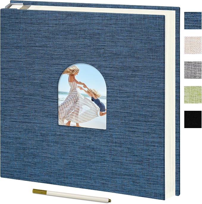 Vienrose Self Adhesive Photo Album Arch Window Scrapbook 40 Pages Blue | Linen Cover, 9.84x9.06 Inch, Memory Book, Blank Inner Page, Metallic Pen by Vienrose