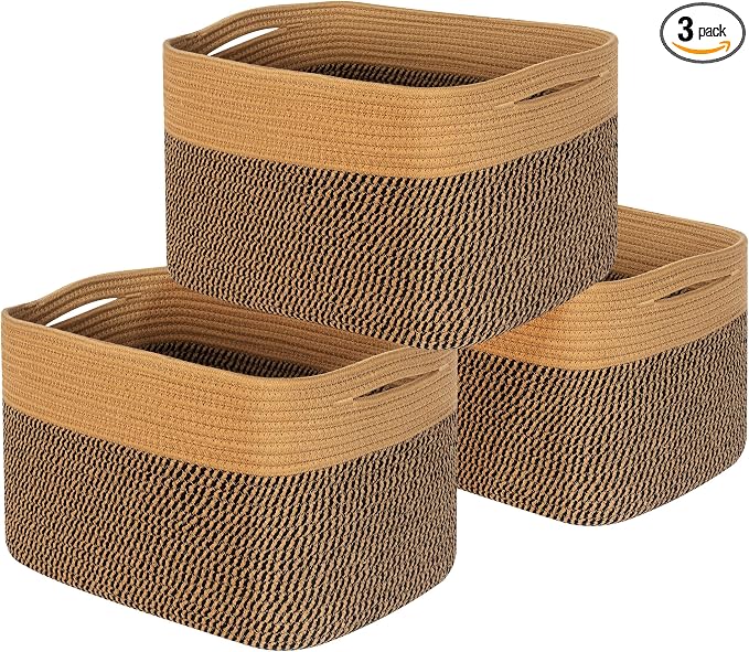 3-Pack Storage Baskets for Shelves, Decorative Baskets for Organizing, Woven Baskets for Storage, Book Basket Cube Storage Bin Box, Pantry Closet and Shoe Organizers, Black Jute by MINTWOODDesign