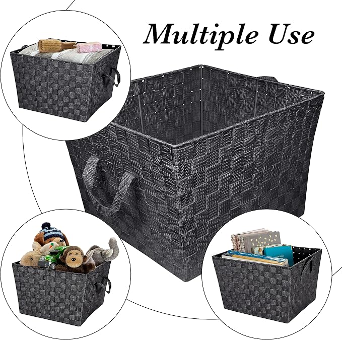 Simplify Large Woven Strap Tote | Decorative Storage Basket | 2 Handles | Organization | Closet | Bedroom | Bathroom | Nursery | Accessories | Toys | Gifts | 2 Pack | Black - Image 2