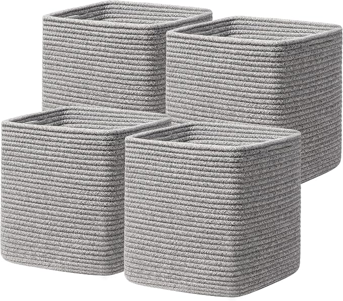 joybest 11inch Cube Storage Bins, Cotton Rope Woven Organizer Basket | Set of 4 Cube Bin Square Shelves Organizer Closet Storage, Nursery, Toy Organization, Grey by joybest