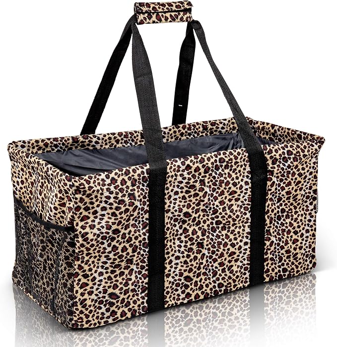 Extra Large Utility Tote Bag - Oversized Collapsible Reusable Wire Frame Rectangular Canvas Basket With Two Exterior Pockets For Beach, Pool, Laundry, Car Trunk, Storage - Leopard by Lucazzi