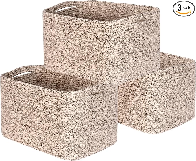 3-Pack Decorative Woven Storage Baskets for Shelves, Cube Bin Box for Organizing Books, Shoes, Dog Toys, Pantry Closet and Living Room Organizer, Oatmeal Brown by MINTWOODDesign