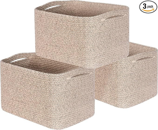 3-Pack Decorative Woven Storage Baskets for Shelves, Cube Bin Box for Organizing Books, Shoes, Dog Toys, Pantry Closet and Living Room Organizer, Oatmeal Brown by MINTWOODDesign