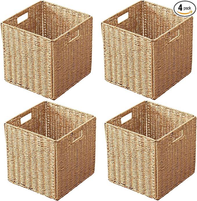 11x11x11 Cube Storage Bins Set of 4, Paper Rope Hand Woven Storage Basket with Handles, Collapsible Square Storage Cubes for Shelves, Wicker Shelf Baskets for Living Room Bedroom Organizing, Natural by HADAMUYE