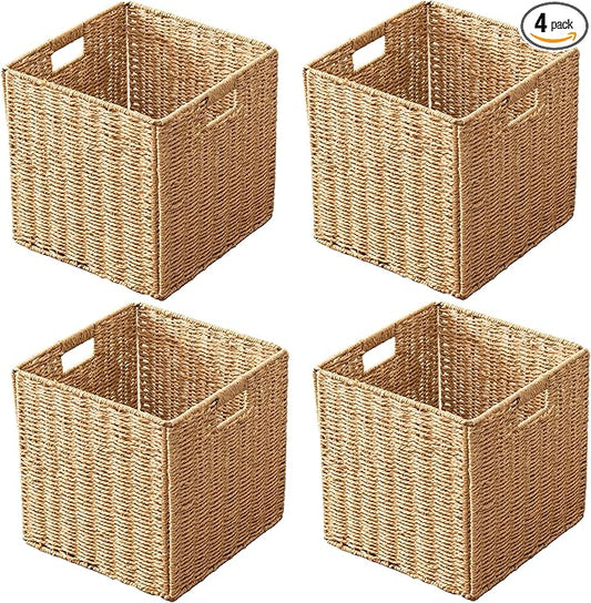 11x11x11 Cube Storage Bins Set of 4, Paper Rope Hand Woven Storage Basket with Handles, Collapsible Square Storage Cubes for Shelves, Wicker Shelf Baskets for Living Room Bedroom Organizing, Natural by HADAMUYE