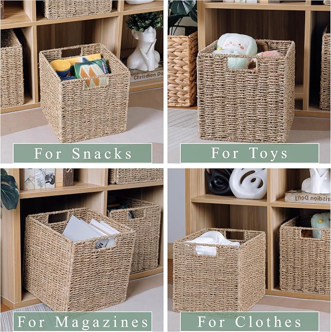10.5 x 10.5in Cube Seagrass Storage Baskets, Foldable Square Wicker Storage Baskets for Shelves Set of 3, Large Cubby Rattan Basket, Collapsible Cube Storage Bins - Image 7