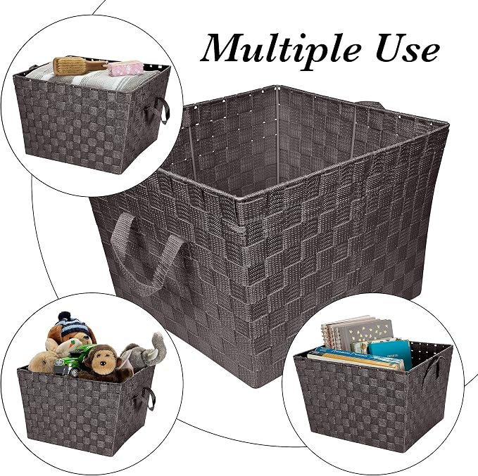 Simplify Large Woven Strap Tote | Decorative Storage Basket | 2 Handles | Organization | Closet | Bedroom | Bathroom | Nursery | Accessories | Toys | Gifts | 4 Pack | Chocolate - Image 2
