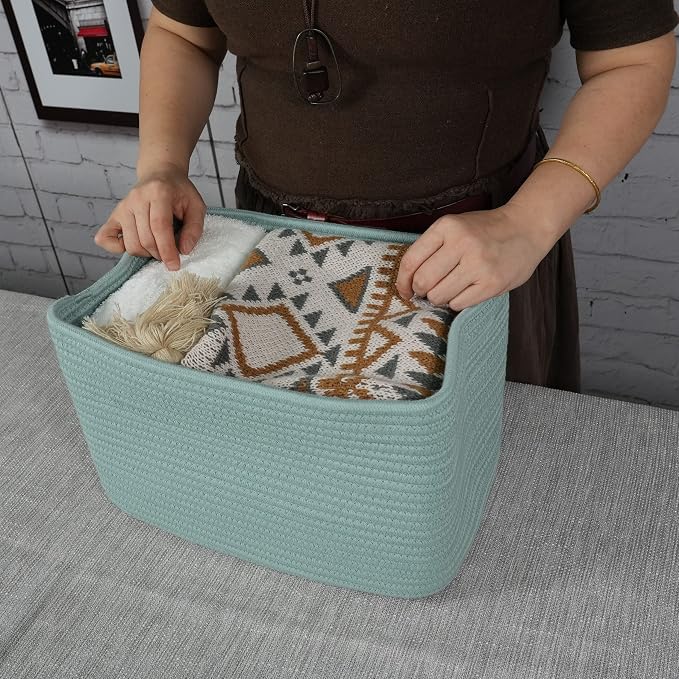 XUANGUO Woven Cotton Rope Storage Baskets 15x10x9.3" 3 Pack Green | Decorative rectangular storage baskets for shelves and closets; storage bins organize clothes, toys, books and nursery items. - Image 3
