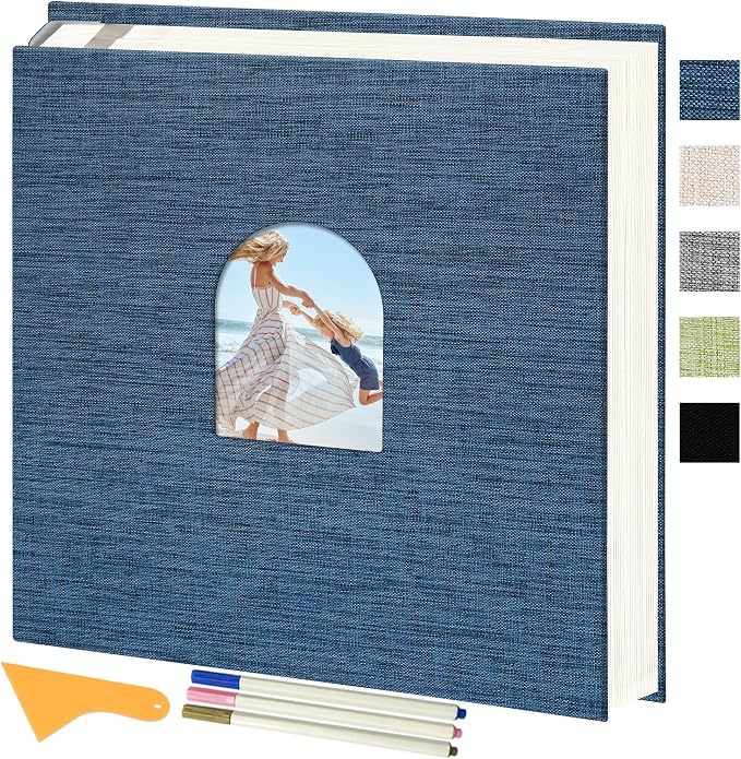 Vienrose Self Adhesive Photo Album Arch Window Scrapbook 120 Pages Blue | Linen Cover, 12.6x12.99 Inch, Memory Book, Blank Inner Page, Three Metallic Pens by Vienrose