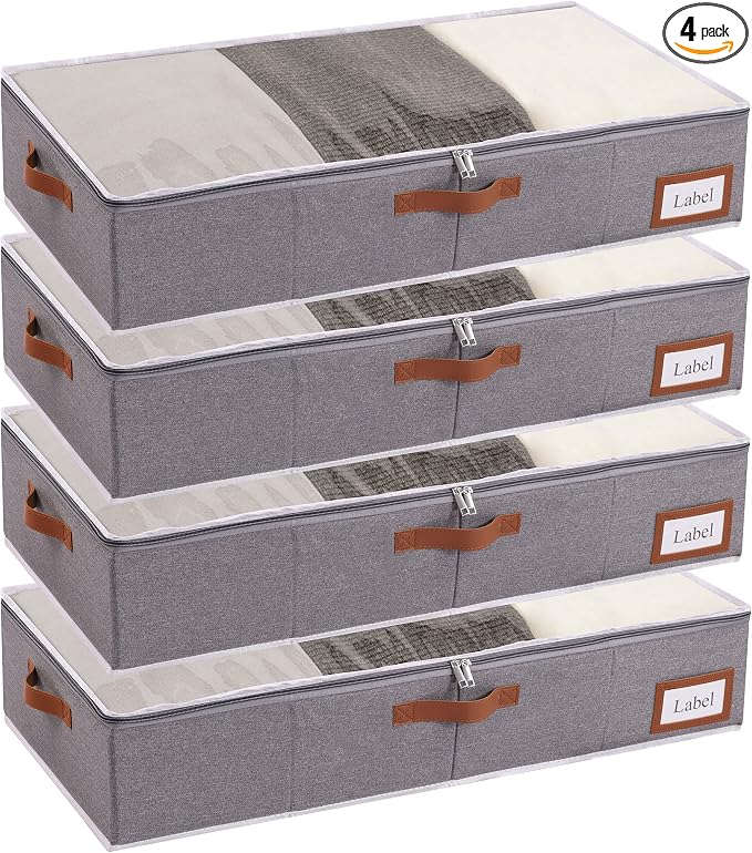 Yawinhe 48L Under Bed Storage,4 Pack Collapsible Container Bags,Grey | Blanket Storage Bags with Clear Window and Lids with 4 Leather Handles;Closet Organizers with Sorting Card Slot for Bedding by Yawinhe
