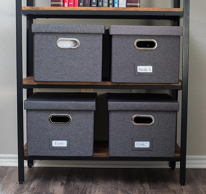 Internet's Best Collapsible File Storage Organizer with Lid - Decorative Linen Filing & Storage Office Box – Hanging Letter/Legal Folder – Home Office Bins Cabinet – Charcoal Container - 6 Pack - Image 9