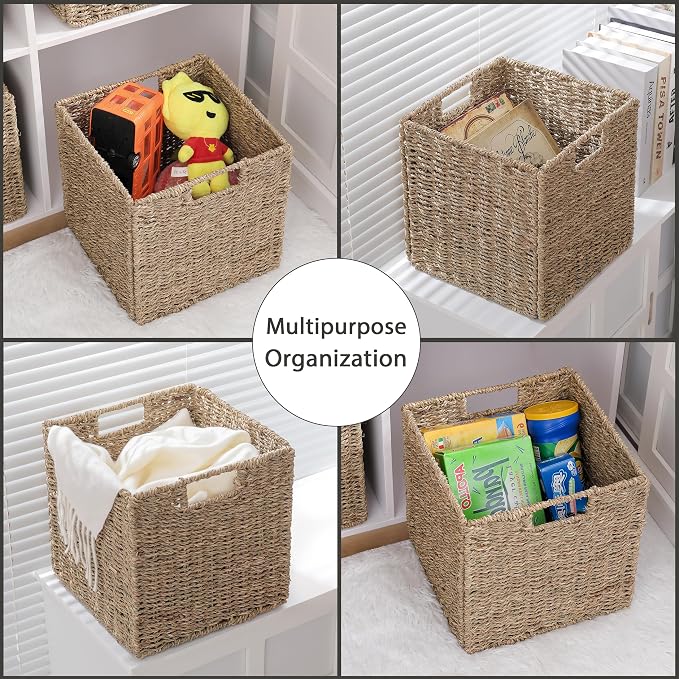 10.5 x 10.5in Seagrass Storage Baskets Set of 4, Cube Foldable Woven Storage Baskets for Shelves, Decorative Seagrass Shelf Basket - Image 7