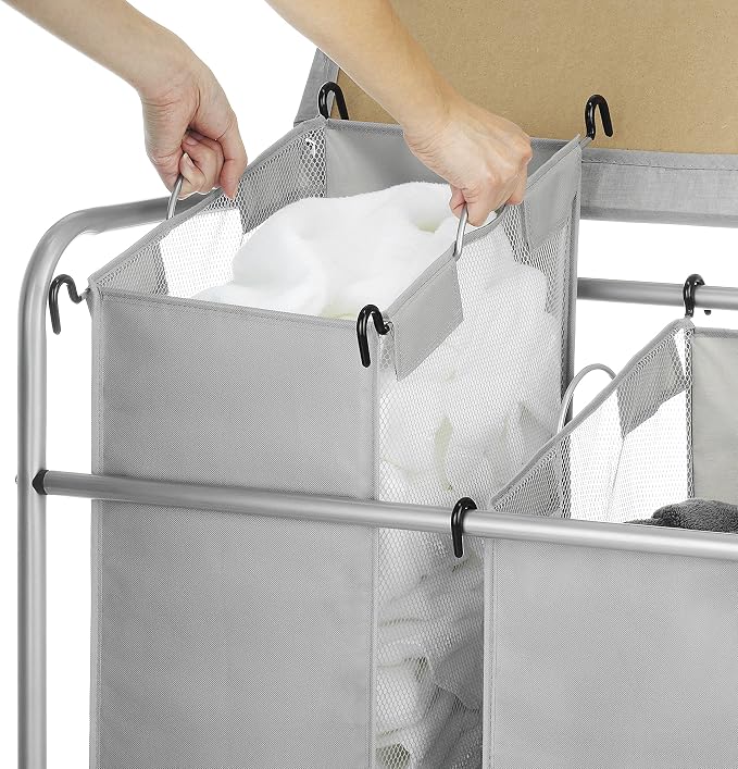 Whitmor 3 Section Rolling Laundry Sorter with Folding Station - Ironing Board, Chrome / Gray - Image 3