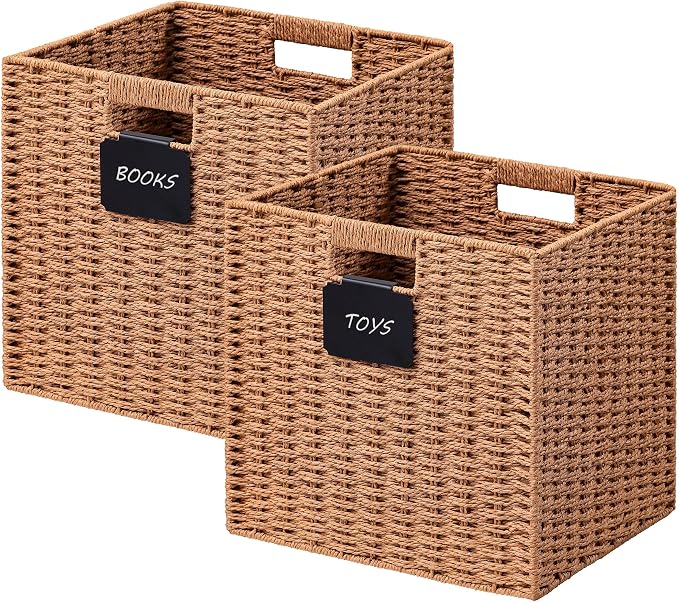 UBBCARE 2 Pack Wicker Basket, 13×13 Storage Cubes with Label, Foldable Cube Storage Bin with Handle, Square Storage Basket for Shelves, Woven Paper Rope Basket for Organizing, Caramel by UBBCARE