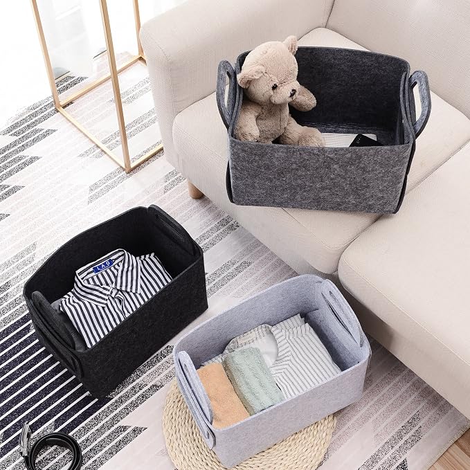 Minoisome Storage Basket Felt Storage Bin Collapsible& Convenient Box Organizer with Carry Handles for Office Bedroom Closet Babies Nursery Toys Laundry (Dark grey, 13.8inch（L）×9.5inch（W）×8.3inch（H）) - Image 4