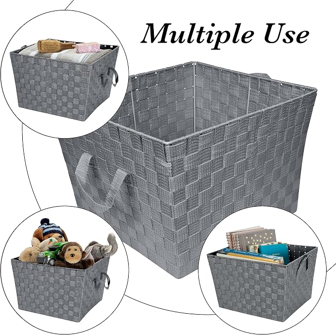 Simplify Large Woven Strap Tote | Decorative Storage Basket | 2 Handles | Organization | Closet | Bedroom | Bathroom | Nursery | Accessories | Toys | Gifts | 1 Pack | Grey - Image 2